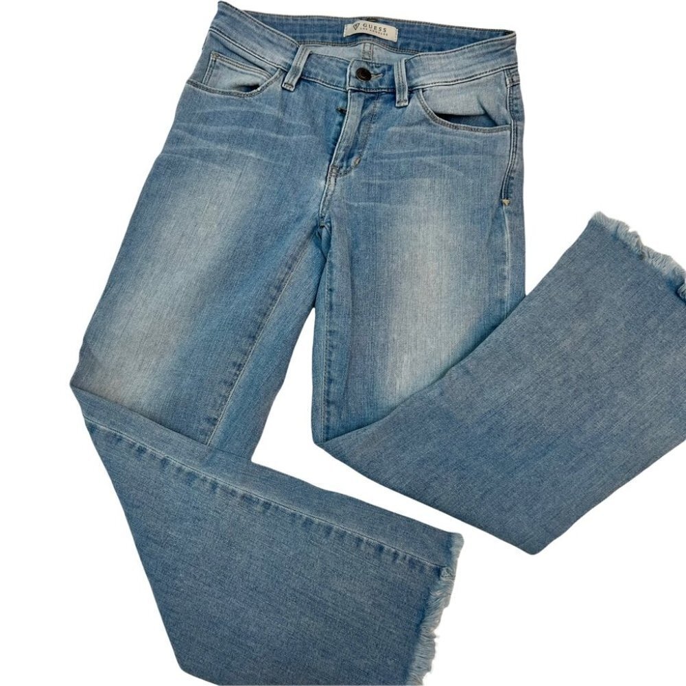 𝅺guess Mid Rise Wide Leg Cropped Raw Hem Vintage Denim Jeans Size 24